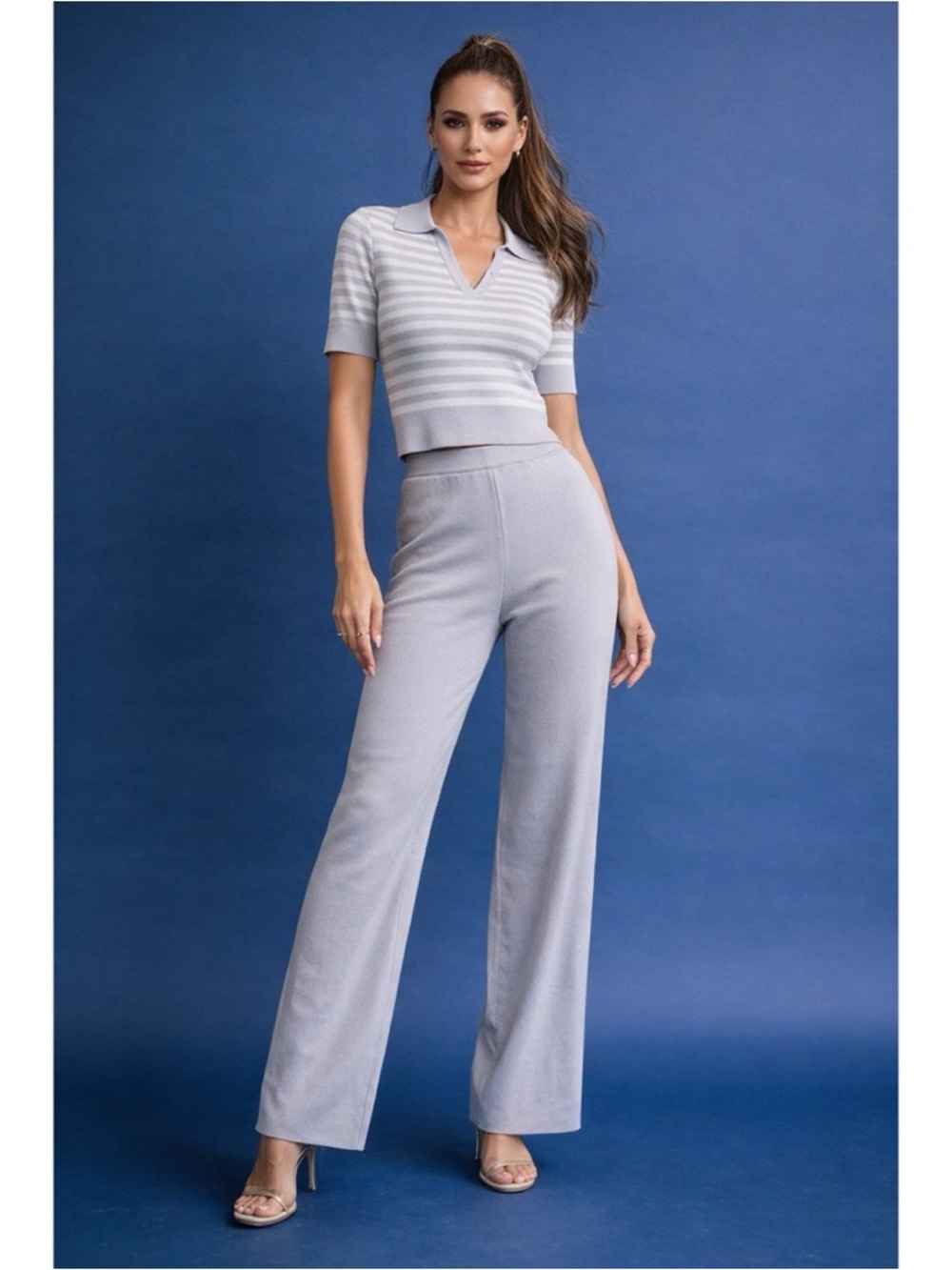 NWT Stripe Knit Top & Pant Light Gray Straight Leg Set